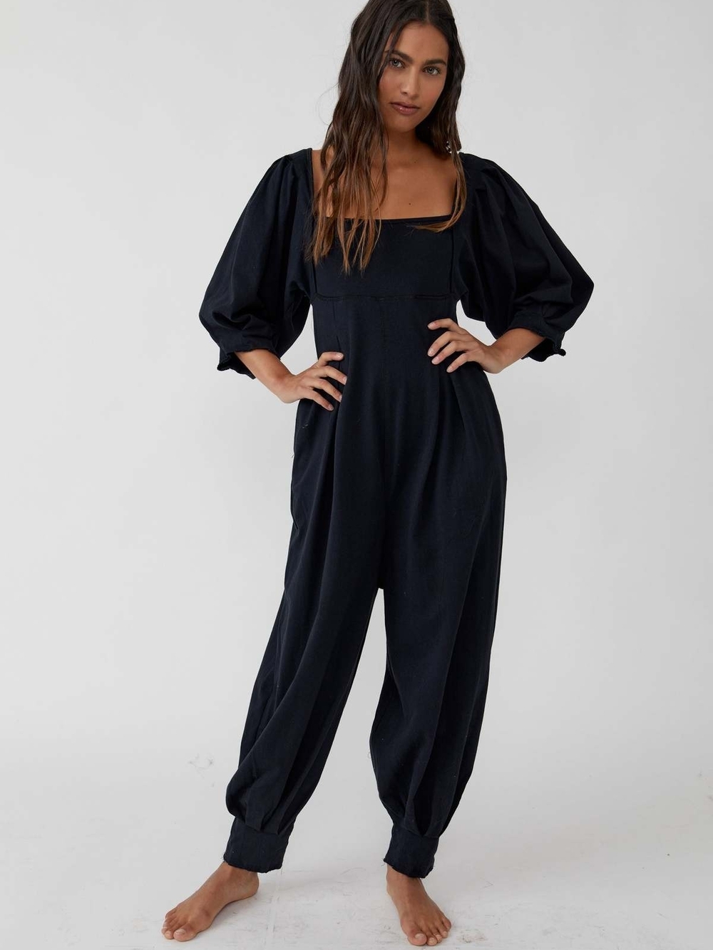 Black Puff-Sleeve Square-Neck Jumpsuit